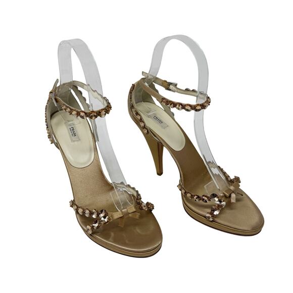 Prada Jeweled Satin Ankle Strap Heels Gold Bow Embellished Sandals 37 - Picture 1 of 10